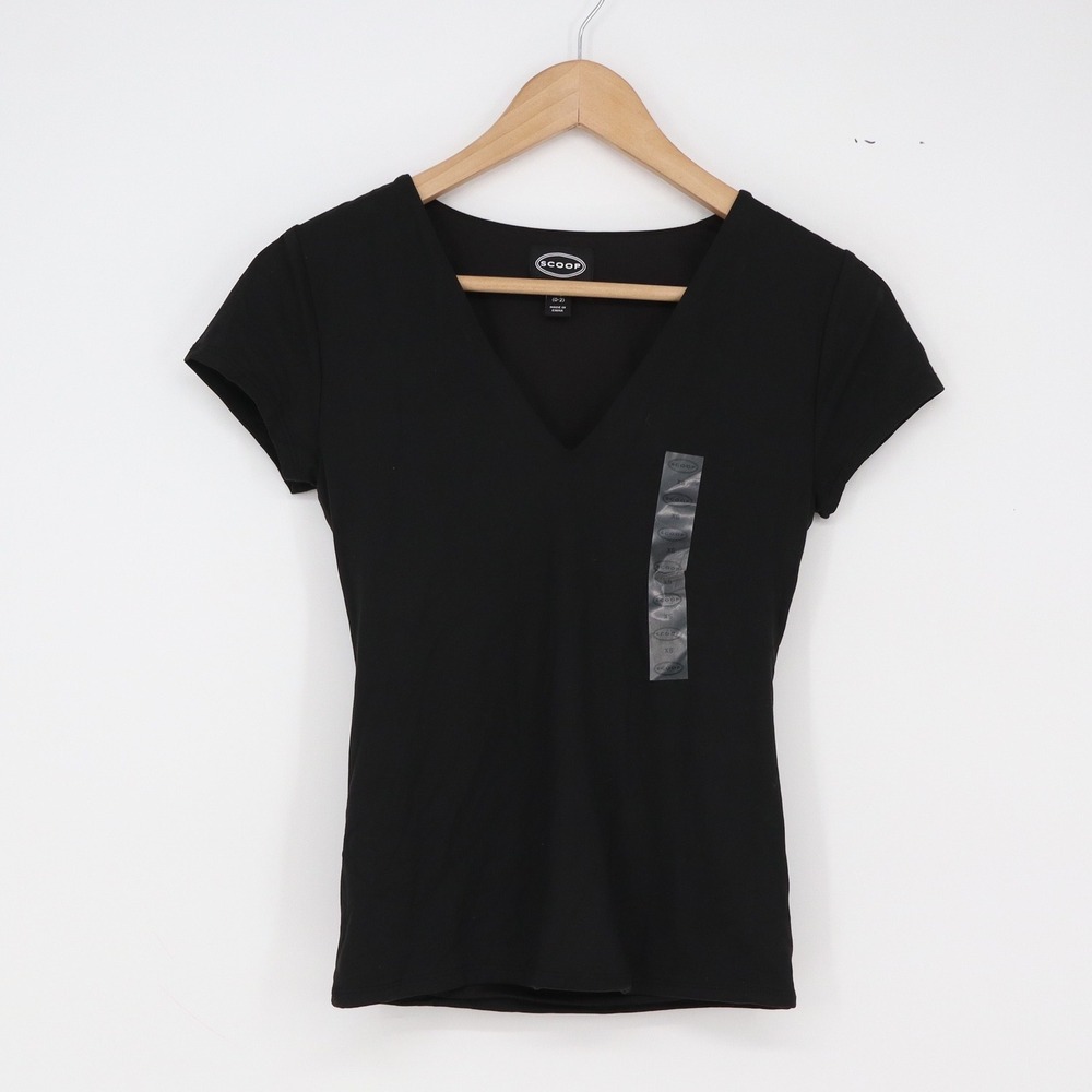 Scoop Top Womens XS Black V-Neck Short Sleeve Stretch Excellent